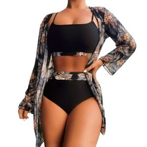 NWOT 3 Piece Swim Bikini With Coverup Tropical Women's Small Coverage Black Oran